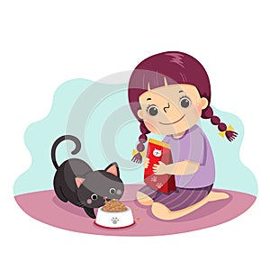 Cartoon of a little girl feeding her cat at home. Kids doing housework chores at home concept