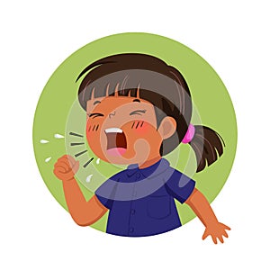 Cartoon little girl feeling unwell and coughing. Health Problems concept