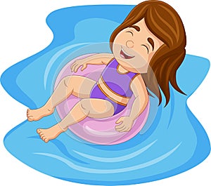 Cartoon little girl floating with inflatable ring