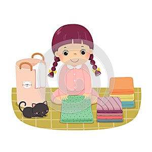 Cartoon of a little girl folding clothes. Kids doing housework chores at home concept photo