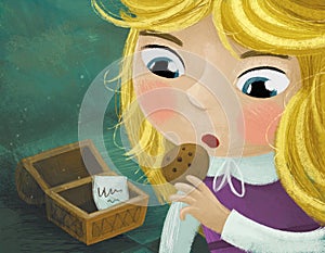 cartoon little girl in the hidden room of some castle like house and wooden chest eating some cookie illustration for children