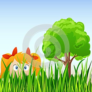 Cartoon little girl hide in grass