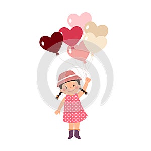 Cartoon little girl holding bunch of heart shaped balloons. Valentines Day concept