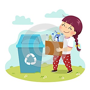 Cartoon of a little girl holding a carton with the plastic bottles to the recycle bin. Kids doing housework