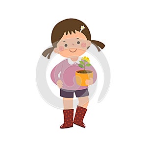 Cartoon little girl holding flower pot