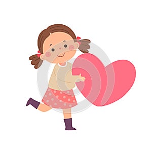 Cartoon little girl holding pink big heart. Valentines Day concept