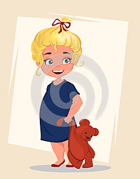 Cartoon little girl holding teddy bear toy. Cute illustration on abstract background.