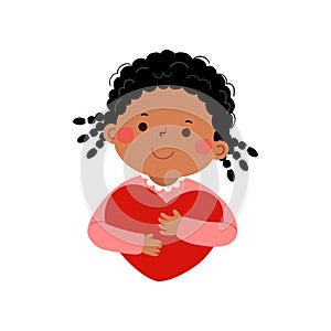 Cartoon little girl hugging heart shaped. Valentines Day concept