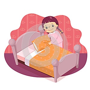 Cartoon of a little girl making the bed. Kids doing housework chores at home concept