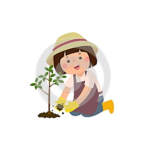 Cartoon little girl planting young tree