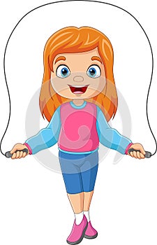 Cartoon little girl playing jumping rope