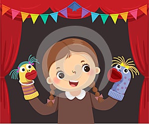 A cartoon of little girl playing sock puppets theatre