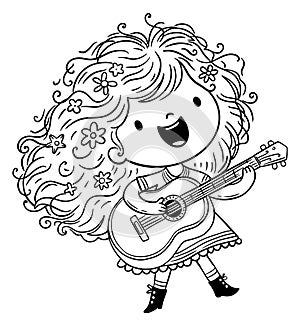 Cartoon little girl plays guitar. Kids creative activities clipart. Black and white vector illustration