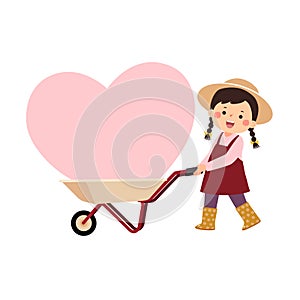 Cartoon little girl pushing wheelbarrow with pink big heart. Valentines Day concept