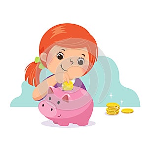 Cartoon of a little girl putting coin into piggy bank