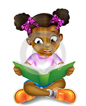 Cartoon Little Girl Reading Amazing Book photo