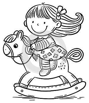 Cartoon little girl riding a toy horse, isolated outline vector illustration. Coloring book page for children