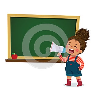 Cartoon of a little girl shouting by megaphone and announcing with blackboard photo