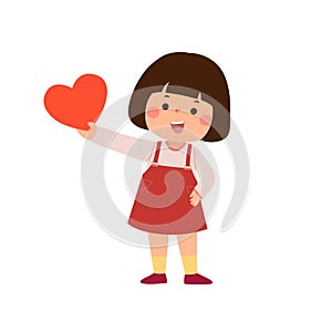 Cartoon little girl showing red heart. Valentines Day concept