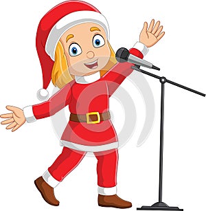 Cartoon little girl singing in christmas costume