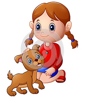 Cartoon little girl stroked the dog`s head