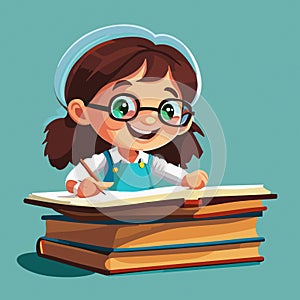 Cartoon little girl studying read book sitting on the desk and doing her homework