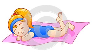 Cartoon little girl sunbathing on the towel