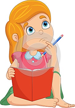 Cartoon little girl thinking while studying