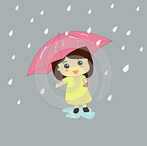 Cartoon Little Girl With Umbrela Rainy Day Stock Vector