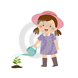 Cartoon little girl watering young plant