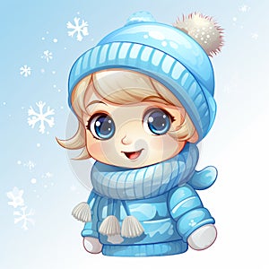 a cartoon little girl wearing a blue winter hat and scarf