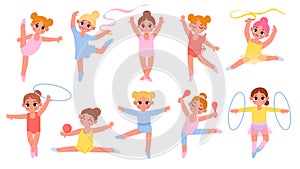 Cartoon little gymnast girls with ribbons, ball and hoop. Kids gymnastics class competition. Gym sport and acrobatics