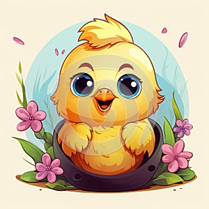 Cartoon little ?hicken sitting with an eggshell and flowers. Cute Happy Easter greeting card. Ai, Ai Generated