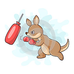 Cartoon little kangaroo is practicing boxing on a white background