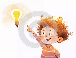 Cartoon little kid with big light bulb. Conceptual illustration of idea