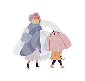 Cartoon little kid holding umbrella walking under rain with mother. Woman in raincoat going on street with child at