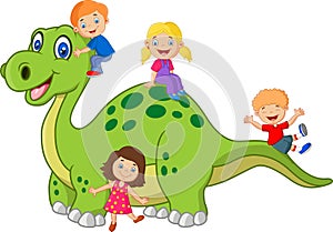 Cartoon little kid playing on the dinosaur