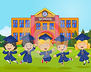 Cartoon little kids celebrate their graduation on school background