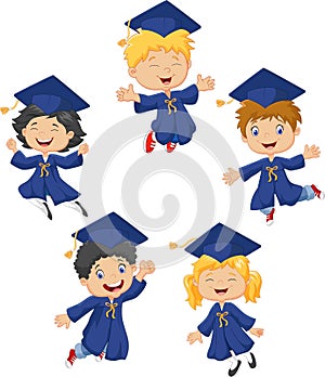 Cartoon little kids celebrate their graduation on white background