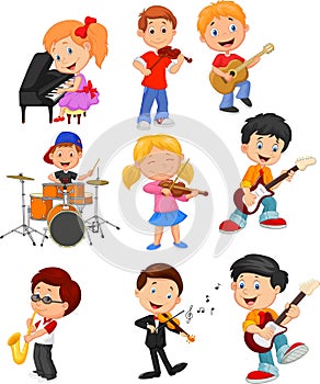 Cartoon little kids playing music