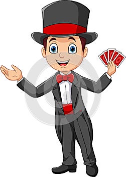 Cartoon little magician playing cards