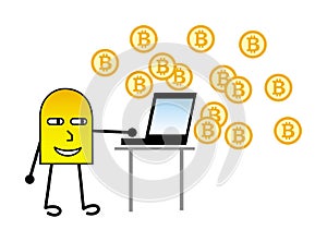A cartoon little man creates on the computer bitcoins. Mining. Vector graphics. photo