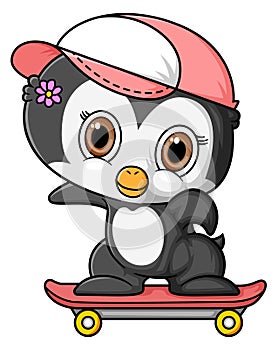 Cartoon little penguin playing skateboard