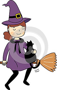 Little purple witch holds her black cat and rides on the bloom