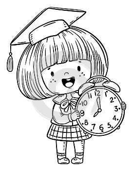Cartoon little schoolkid teach how to tell time and read a clock. Child telling time black and white vector illustration photo