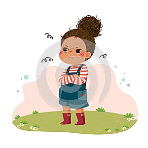 Cartoon little sulky girl standing with arms crossed on chest