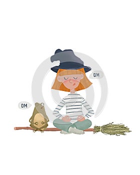 Cartoon Little witch in meditation on a broom with friend frog. Cute character illustation as print design and postcard. Raster is