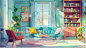 Cartoon living room with blue sofa and green chair