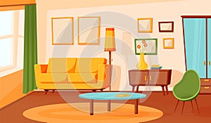 Cartoon living room interior. Flat empty sofa, indoor area design. Modern apartment hall with furniture carpet, lounge