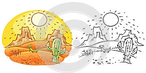 Cartoon lizard and cactus in the desert, cartoon drawing, both colored and black and white